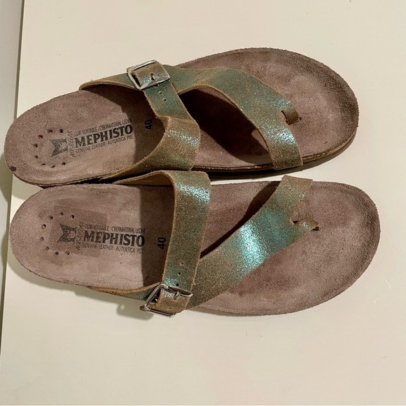 Mephisto Helen Toe Loop Cork Sole Sandal in Turquoise Leather Size 40 - Picture 2 of 7